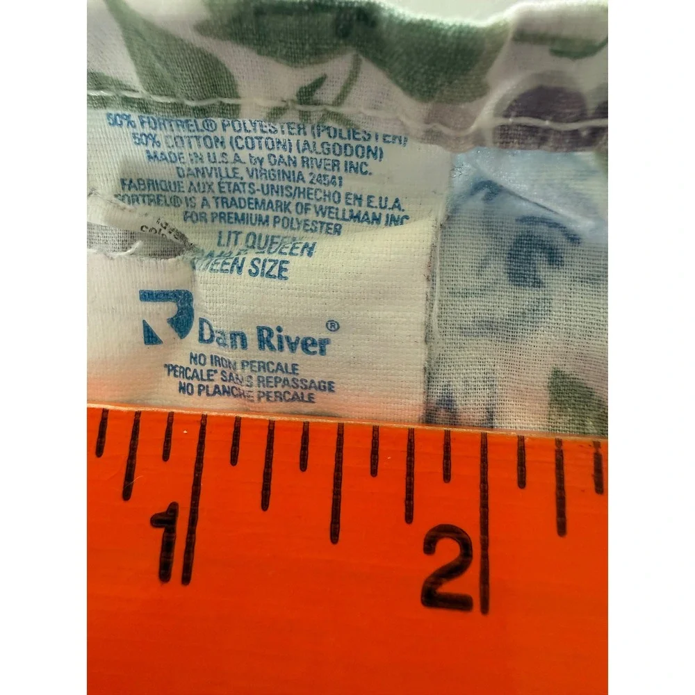 Vintage Dan River Percale Queen Flat Sheet White Blue Pink Floral Cottage